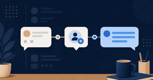 Three connected speech bubbles show a comment, connection, and direct message sequence