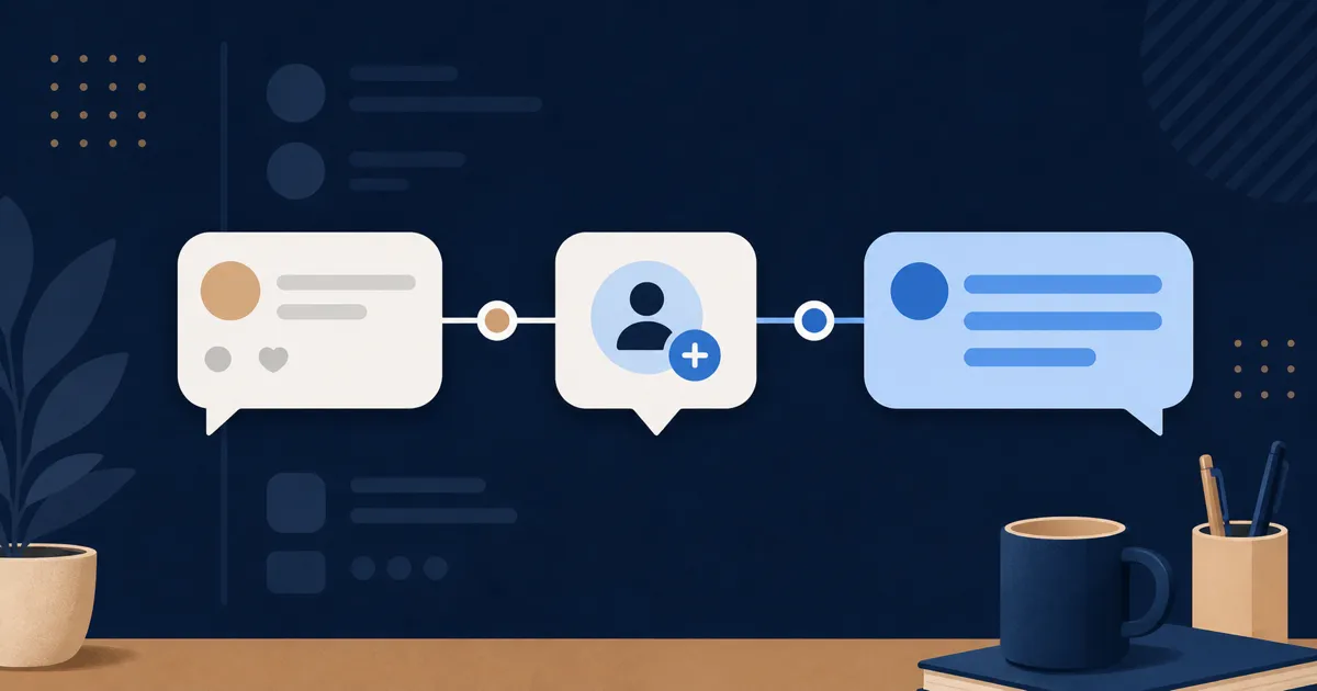 Three connected speech bubbles show a comment, connection, and direct message sequence
