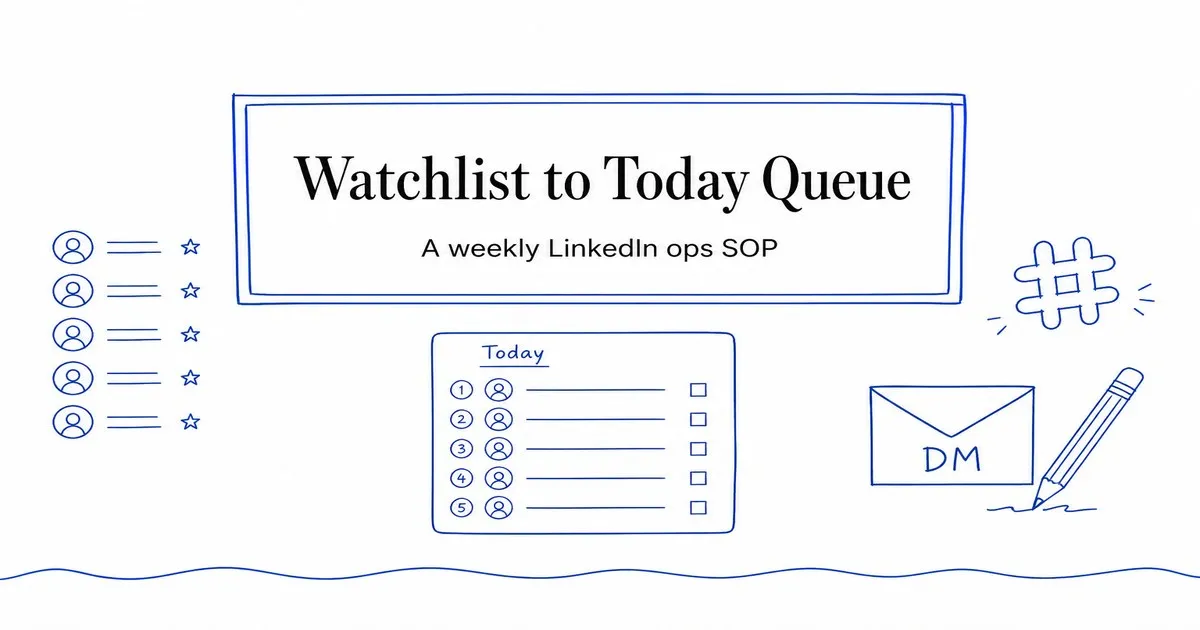 A hand-drawn weekly board showing a five-profile watchlist, a numbered Today queue, a Slack channel mark, and a manual DM envelope