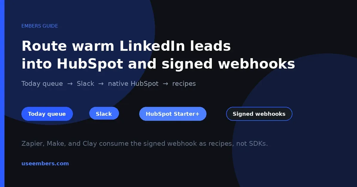 Flow from an Embers Priority Queue to Slack, native HubSpot, and signed webhooks consumed as recipes