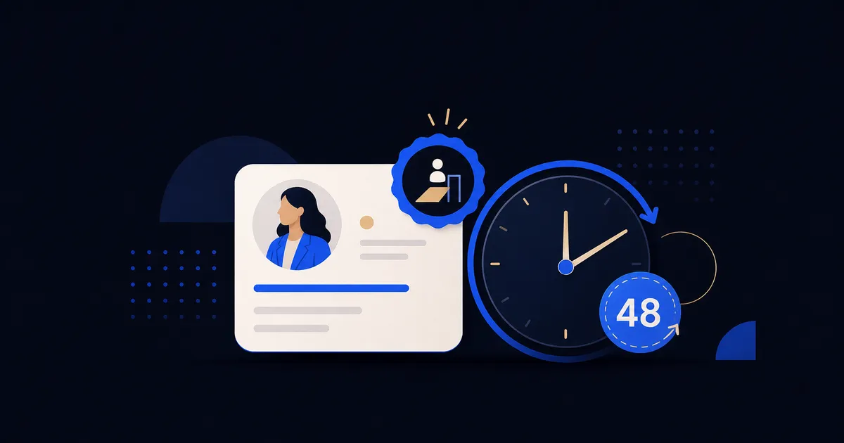 An abstract profile card with a new role signal highlighted beside a clock
