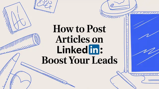 LinkedIn article publishing workflow showing editor, media upload, and lead generation funnel