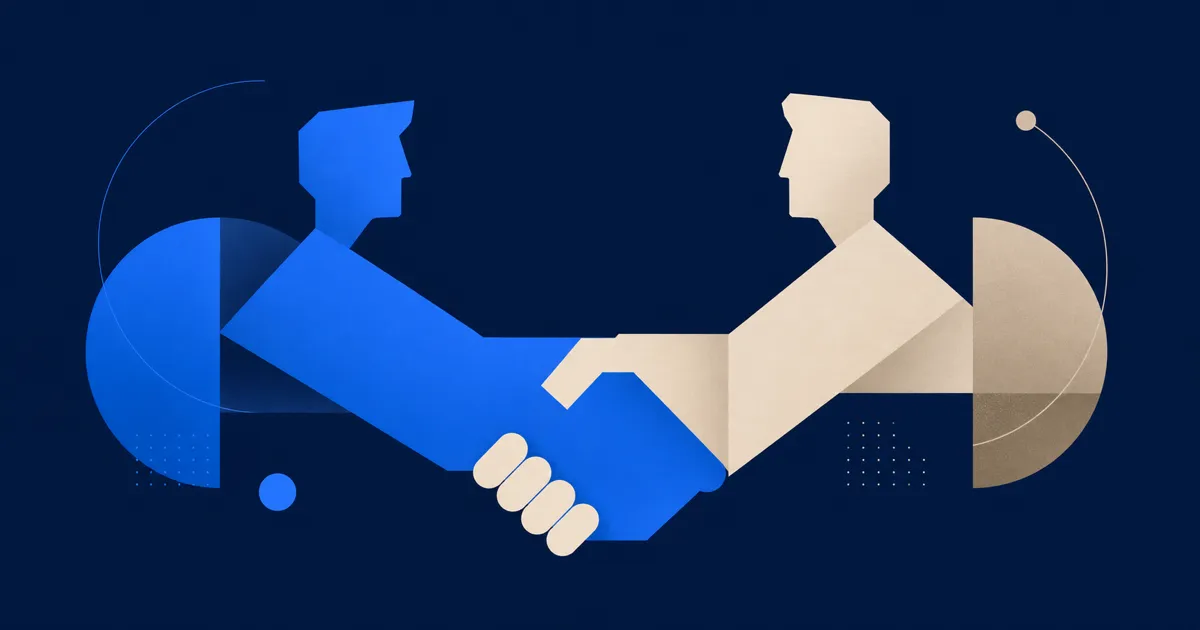 An abstract founder and sales rep handshake for a first SDR hire