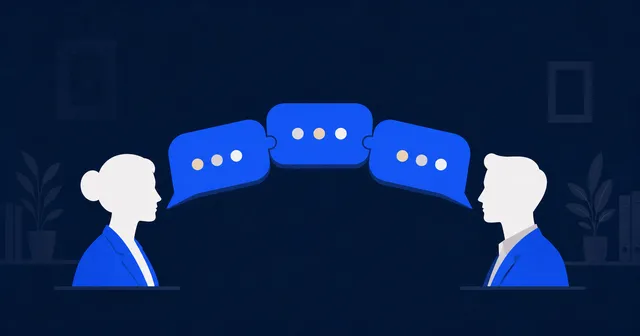 A bridge made of message bubbles connects two professional profile silhouettes