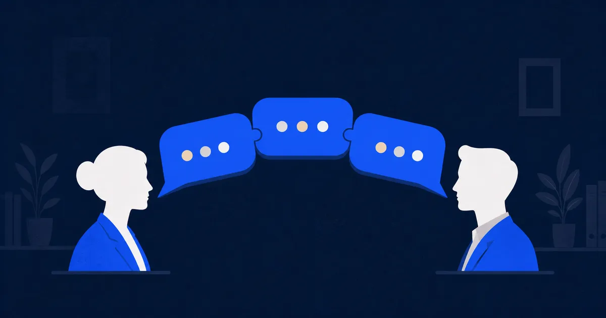 A bridge made of message bubbles connects two professional profile silhouettes
