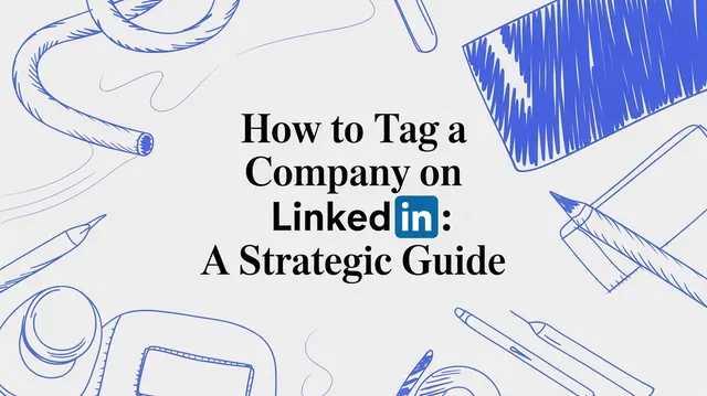 LinkedIn company tagging workflow showing the at symbol connecting a post to a company page
